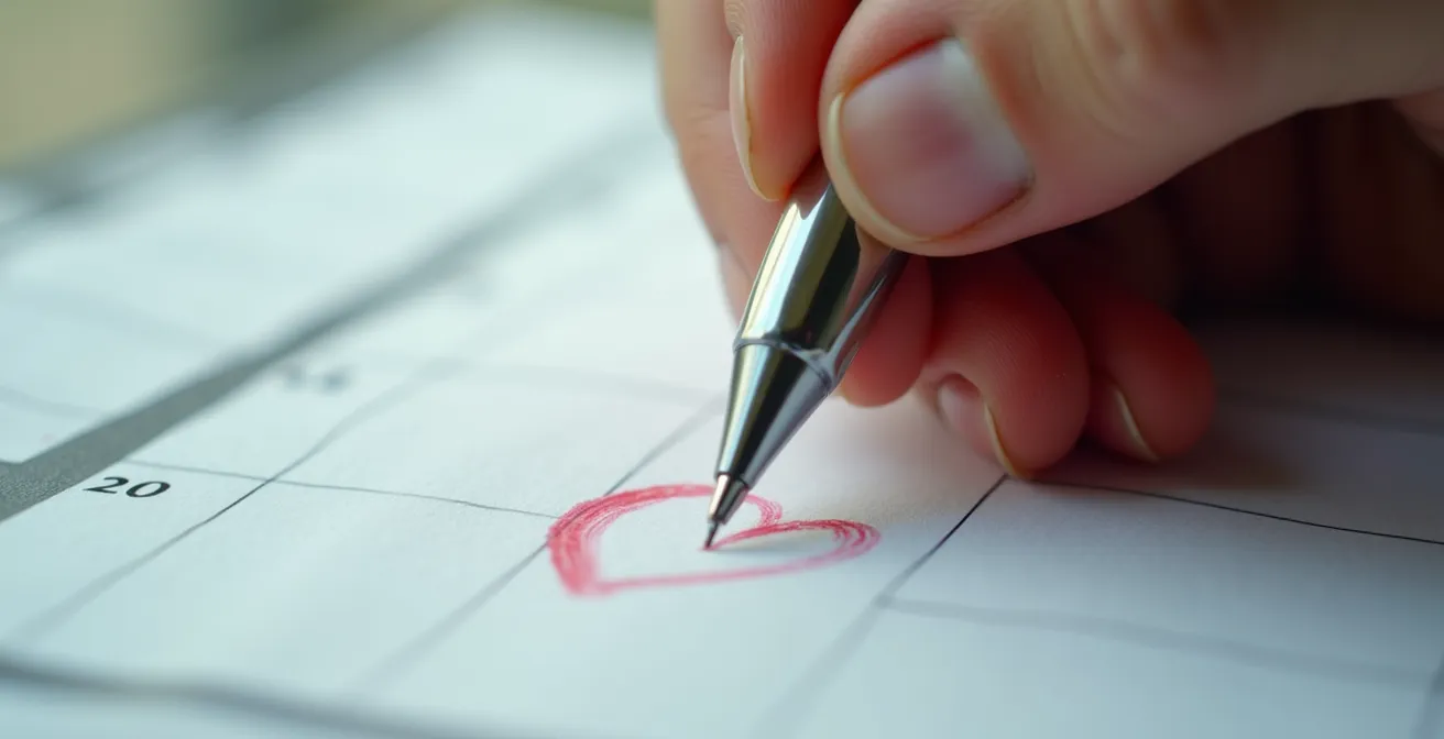 Hand marking special date on calendar with heart symbol