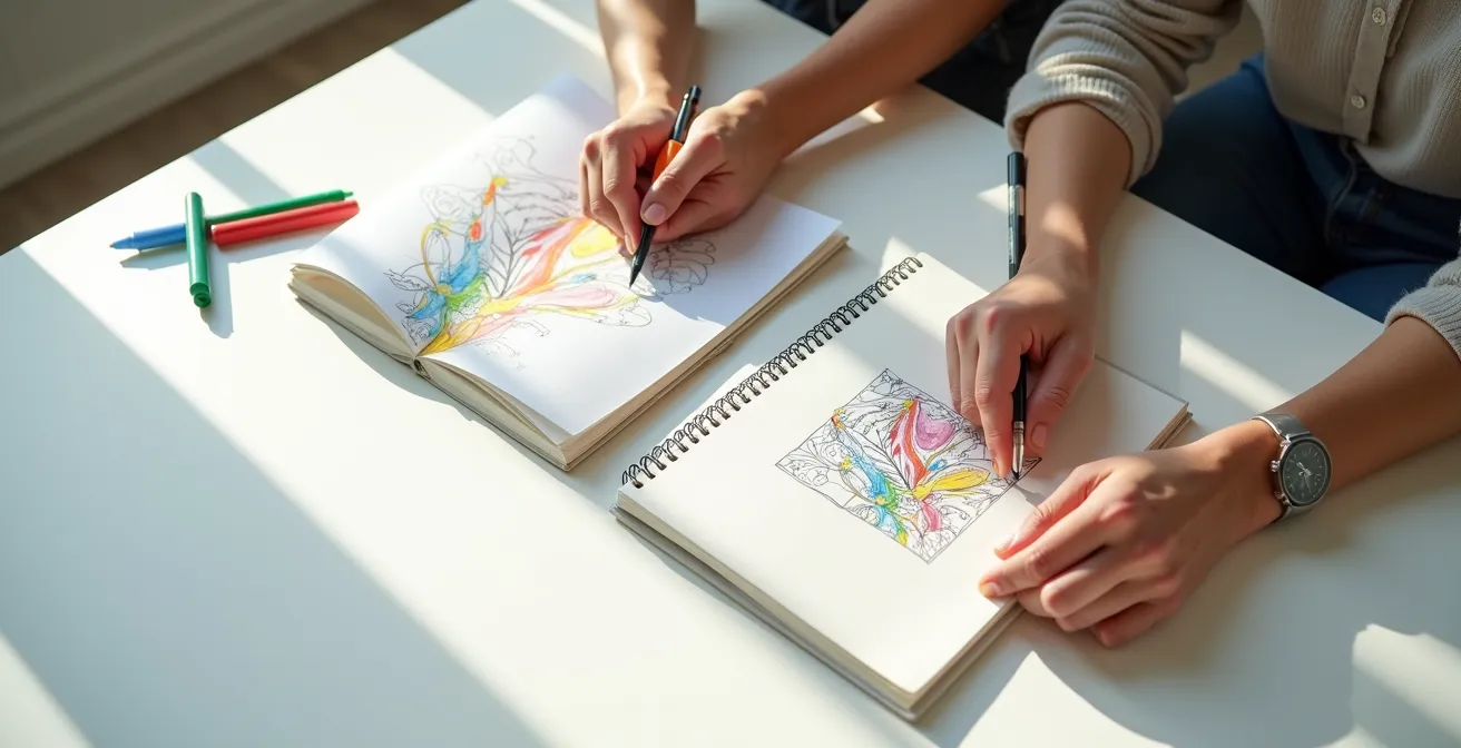 Couple collaborating over shared notebook with creative planning