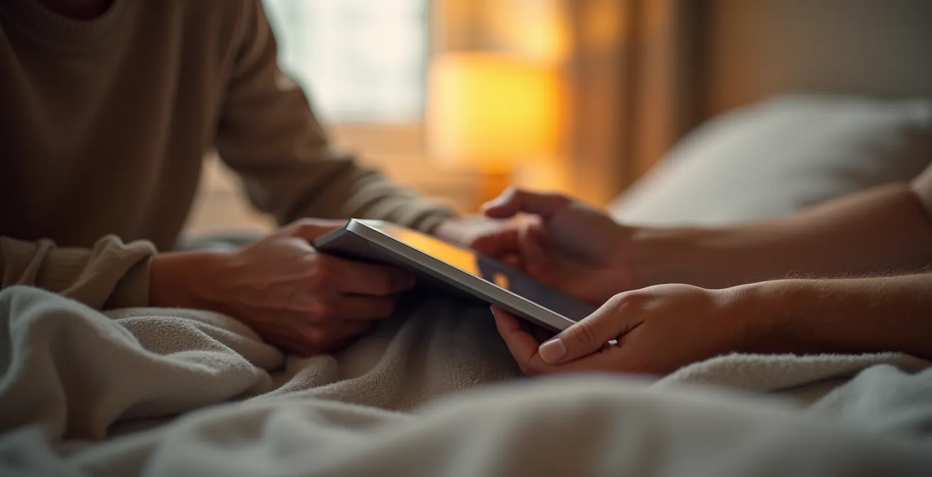 Couple sharing intimate moment while browsing on tablet